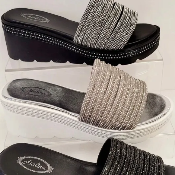 3 Left! White Platform Silver Rhinestone Embellished Wedge Slide-In Sandal