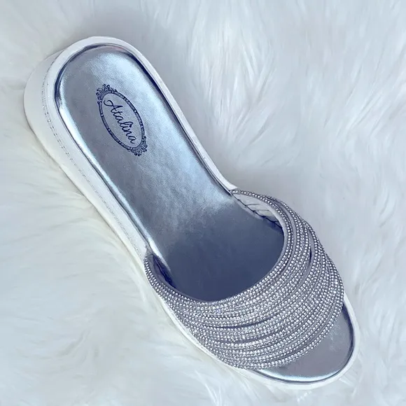 3 Left! White Platform Silver Rhinestone Embellished Wedge Slide-In Sandal