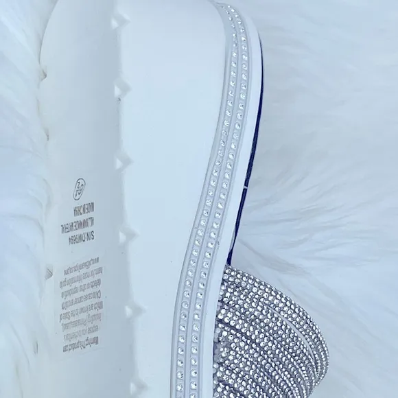 3 Left! White Platform Silver Rhinestone Embellished Wedge Slide-In Sandal
