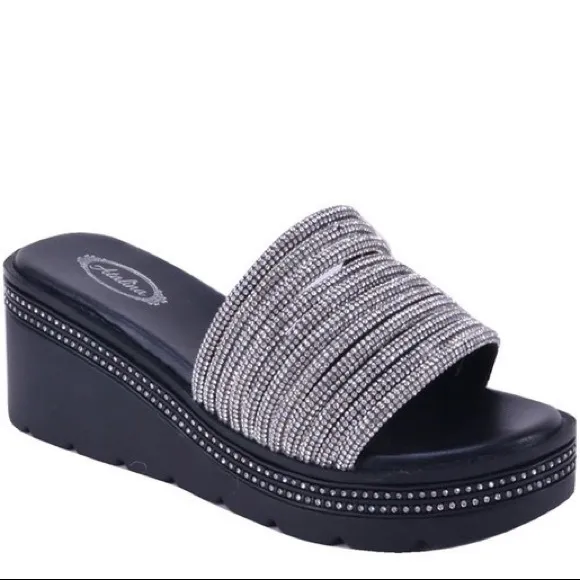 3 Left! White Platform Silver Rhinestone Embellished Wedge Slide-In Sandal