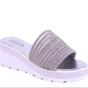 3 Left! White Platform Silver Rhinestone Embellished Wedge Slide-In Sandal