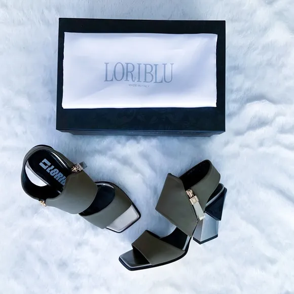$450 | NIB | Loriblu Made in Italy Open Toe Sandals Lycra Olive Metal Square Toe