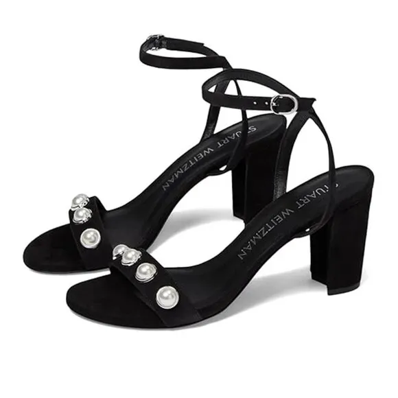 $550 STUART WEITZMAN Nearlybare SUEDE BLACK Pearly Strap Sandals 10.5 (TE12)