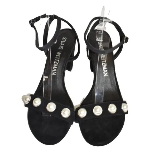 $550 STUART WEITZMAN Nearlybare SUEDE BLACK Pearly Strap Sandals 10.5 (TE12)