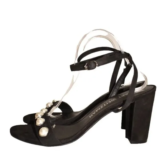 $550 STUART WEITZMAN Nearlybare SUEDE BLACK Pearly Strap Sandals 10.5 (TE12)