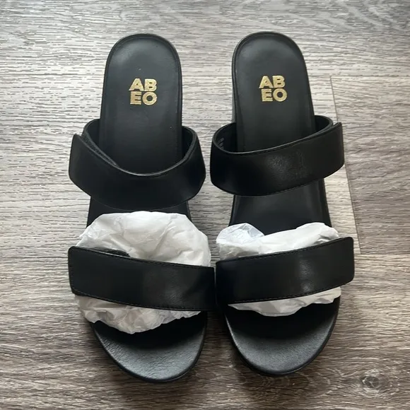 ABEO Women’s Leather Strap Heeled Slide Black Sandals Orthopedic Comfort 9.5
