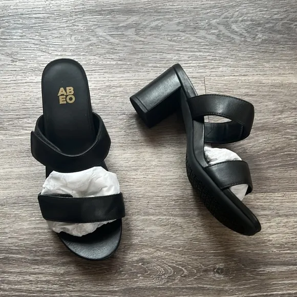 ABEO Women’s Leather Strap Heeled Slide Black Sandals Orthopedic Comfort 9.5