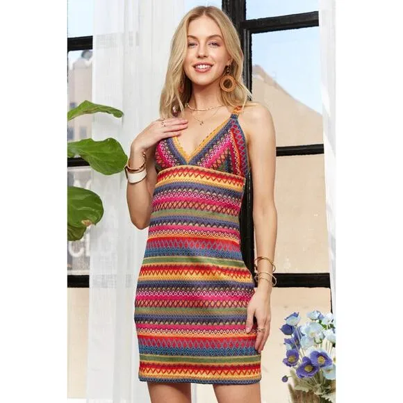 ❤️ADORA Contrast Striped Pattern Sleeveless Wide Strap V-Neck Mini Dress | Blue
