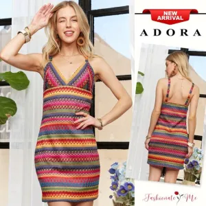 ❤️ADORA Contrast Striped Pattern Sleeveless Wide Strap V-Neck Mini Dress | Blue