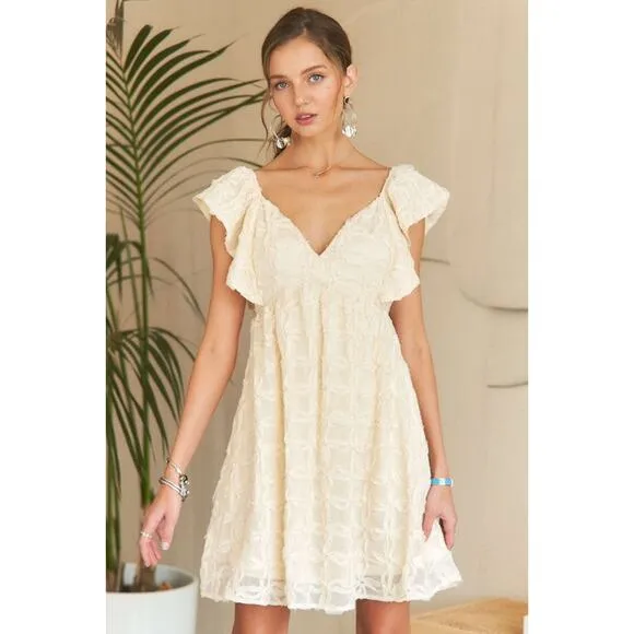 ❤️ADORA Open Tie Back Deep V-Neck Cap Ruffle Sleeves Babydoll Mini Dress | Ivory