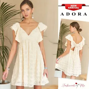 ❤️ADORA Open Tie Back Deep V-Neck Cap Ruffle Sleeves Babydoll Mini Dress | Ivory