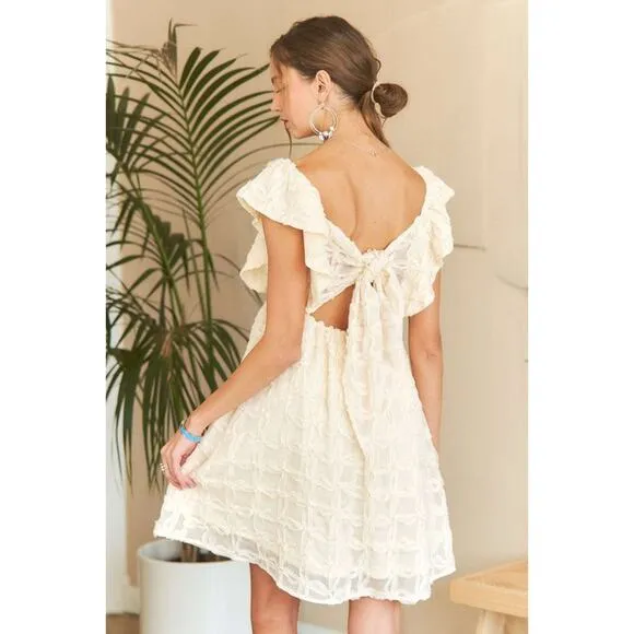 ❤️ADORA Open Tie Back Deep V-Neck Cap Ruffle Sleeves Babydoll Mini Dress | Ivory