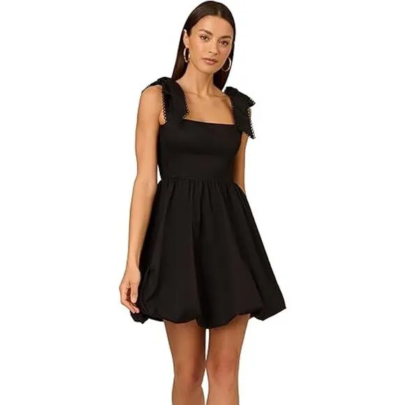 Adrianna Papell Women's Tie Shoulder Bubble Party Dress Flirty Bow NWT Black 12