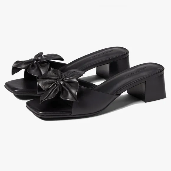 Aerosoles Esta Black Leather Slides Sandals With Flower Detail Size 10.5