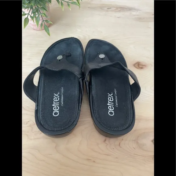 Aetrex black slip on genuine leather sandals