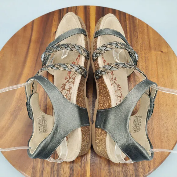 Aetrex Jillian Sandals Women's 7 Gray Braided Leather Quarter Strap Comfort