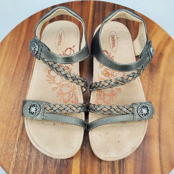 Aetrex Jillian Sandals Women's 7 Gray Braided Leather Quarter Strap Comfort
