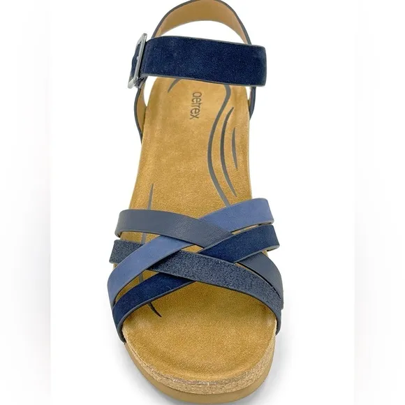 Aetrex Noelle Wedge Sandal Navy Blue Multi Comfort Leather Strappy Faux Buckle