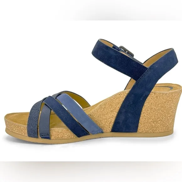 Aetrex Noelle Wedge Sandal Navy Blue Multi Comfort Leather Strappy Faux Buckle