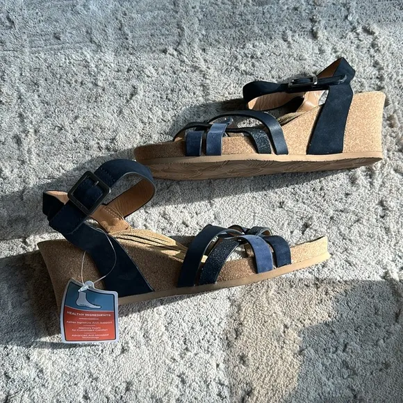 Aetrex Noelle Wedge Sandal Navy Blue Multi Comfort Leather Strappy Faux Buckle
