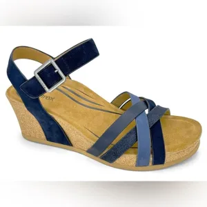 Aetrex Noelle Wedge Sandal Navy Blue Multi Comfort Leather Strappy Faux Buckle