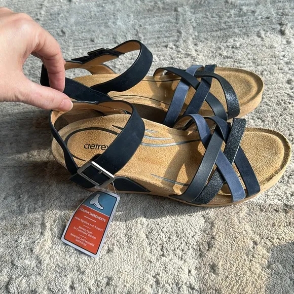 Aetrex Noelle Wedge Sandal Navy Blue Multi Comfort Leather Strappy Faux Buckle