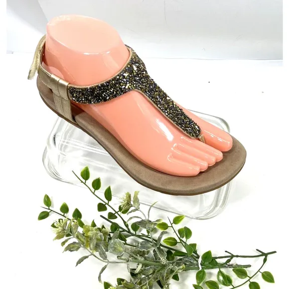 Aetrex Womens Jade Orthotic Crystal-Covered Thong Sandal Sz 38 EU 7.5-8 US Gold