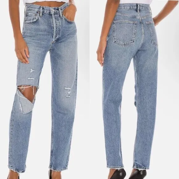 Agolde 90s Straight Leg Distressed Denim Boyfriend Jeans Blue Women's Size 26