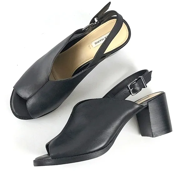 Alex Marie Samryn Leather Black Slingback Peep-toe Block Heel Sandal Pump