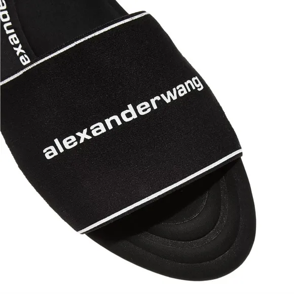 ALEXANDER WANG Kyra Logo 38.5 Stretch Slide Sandals Padded Footbed Black White