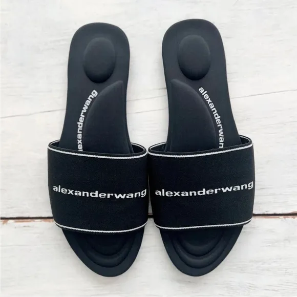 ALEXANDER WANG Kyra Logo 38.5 Stretch Slide Sandals Padded Footbed Black White