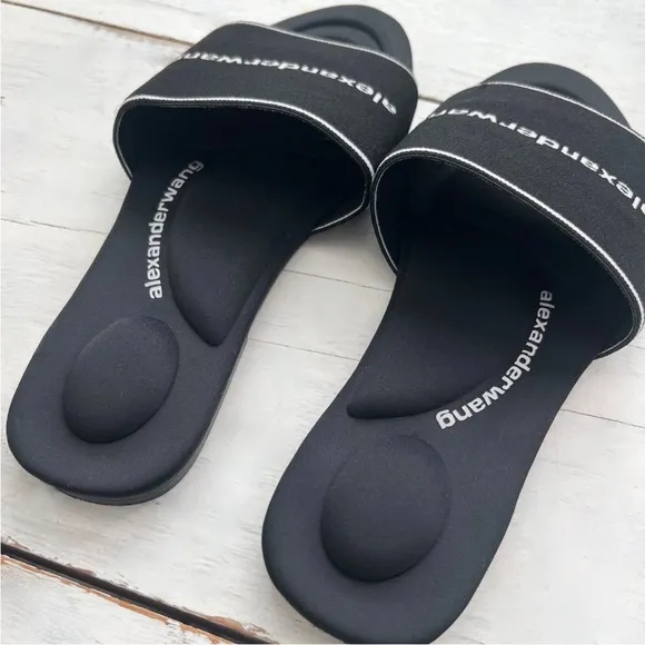 ALEXANDER WANG Kyra Logo 38.5 Stretch Slide Sandals Padded Footbed Black White