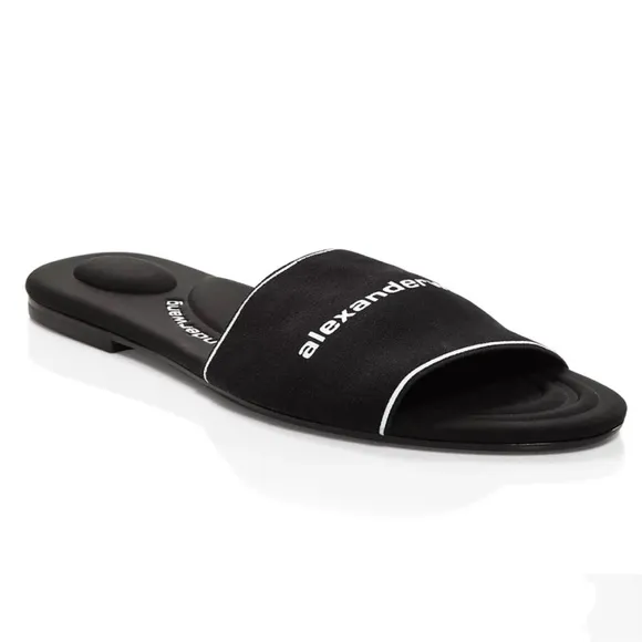 ALEXANDER WANG Kyra Logo 38.5 Stretch Slide Sandals Padded Footbed Black White