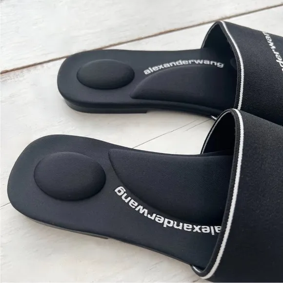 ALEXANDER WANG Kyra Logo 38.5 Stretch Slide Sandals Padded Footbed Black White