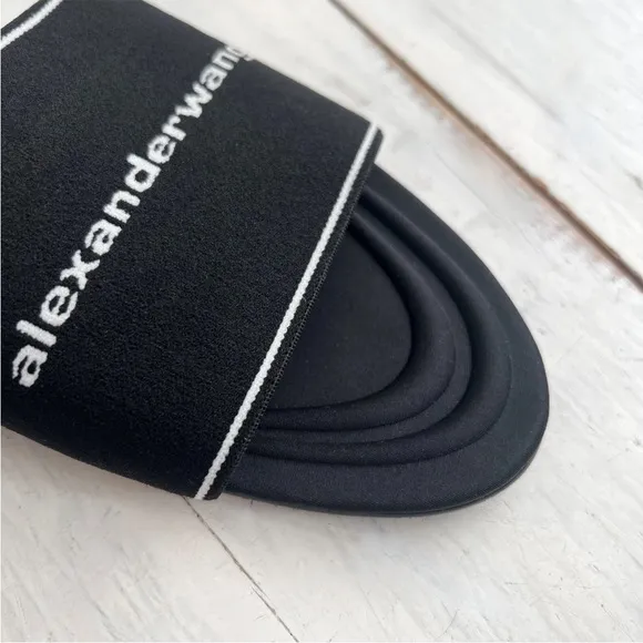 ALEXANDER WANG Kyra Logo 38.5 Stretch Slide Sandals Padded Footbed Black White
