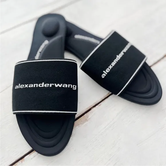 ALEXANDER WANG Kyra Logo 38.5 Stretch Slide Sandals Padded Footbed Black White