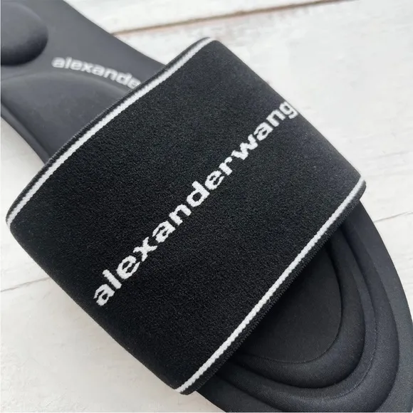 ALEXANDER WANG Kyra Logo 38.5 Stretch Slide Sandals Padded Footbed Black White