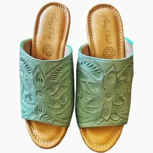 Alexis David Blue Hand Tooled Leather Slip On Wedge Sandals Size 9 NWOB