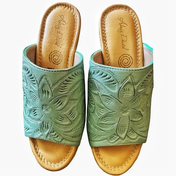 Alexis David Blue Hand Tooled Leather Slip On Wedge Sandals Size 9 NWOB