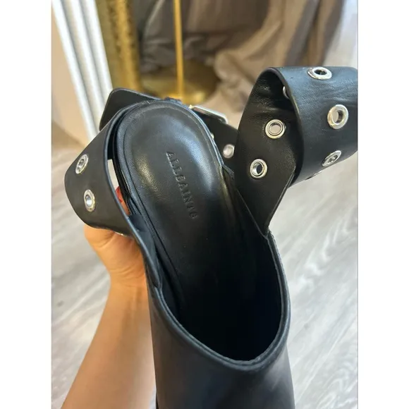 All Saints Leather Black Size 38 Pomona Block Heel Open Toe Ankle Strap Sandals