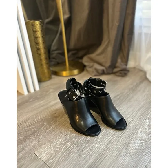 All Saints Leather Black Size 38 Pomona Block Heel Open Toe Ankle Strap Sandals