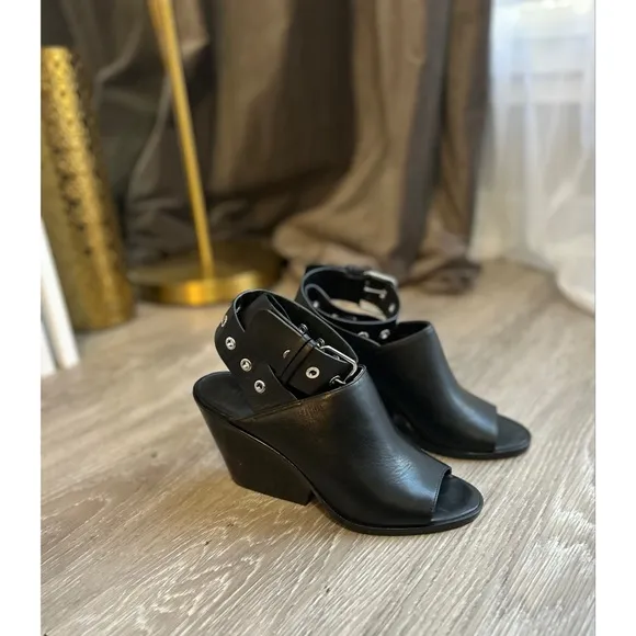 All Saints Leather Black Size 38 Pomona Block Heel Open Toe Ankle Strap Sandals