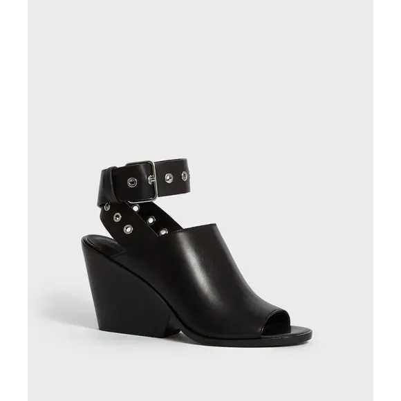All Saints Leather Black Size 38 Pomona Block Heel Open Toe Ankle Strap Sandals