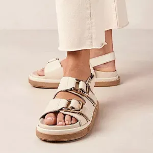 Alohas Cream Platform Sandals with Chunky Sole and Metallic Buckles