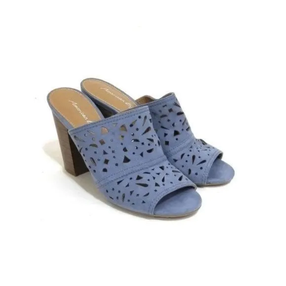 American Eagle Smokey Blue Suede Perforated Lattice Slip On Mules Sandals Womens
