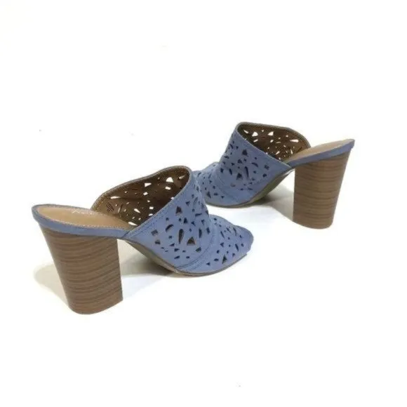 American Eagle Smokey Blue Suede Perforated Lattice Slip On Mules Sandals Womens
