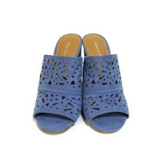 American Eagle Smokey Blue Suede Perforated Lattice Slip On Mules Sandals Womens