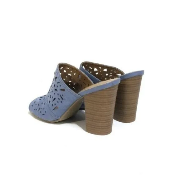 American Eagle Smokey Blue Suede Perforated Lattice Slip On Mules Sandals Womens