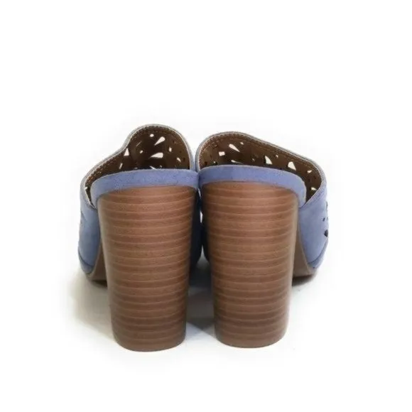 American Eagle Smokey Blue Suede Perforated Lattice Slip On Mules Sandals Womens