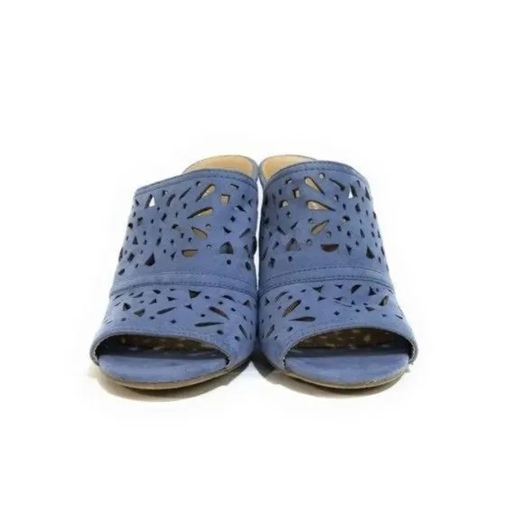 American Eagle Smokey Blue Suede Perforated Lattice Slip On Mules Sandals Womens